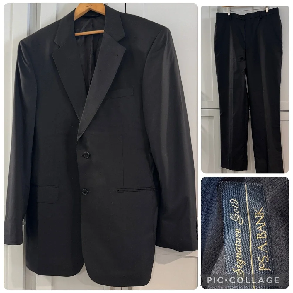 Jos A Bank Signature Black Wool 2 Piece Suit Jacket 41L‎ Pants 37R